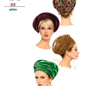 Pode incluir: Um molde de costura V 6675 para um tamanho de cabeça de 22 polegadas, apresentando quatro chapéus estilo turbante. Os designs incluem uma estampa paisley multicolorida, veludo bordô escuro, veludo castanho e veludo verde brilhante, com pregas.