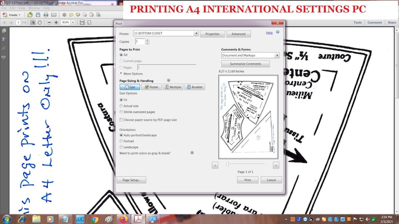 May include: A computer screen displays a print dialog box with settings for printing a document. The text "PRINTING A4 INTERNATIONAL SETTINGS PC" is at the top. The document includes sewing patterns and handwritten notes.