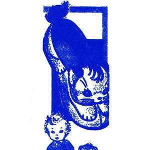 May include: Blue vintage illustration featuring the word "Design" above the number "523". The image depicts a baby with a toy and a cat-like figure. The artwork has a retro aesthetic.