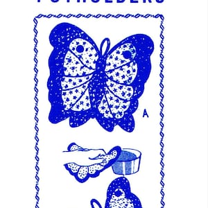 May include: A white background features a blue design for applique potholders. The design includes two butterfly patterns, one with a dotted and star-filled wing design. The text "Design 560" and "Applique Potholders" are in blue.