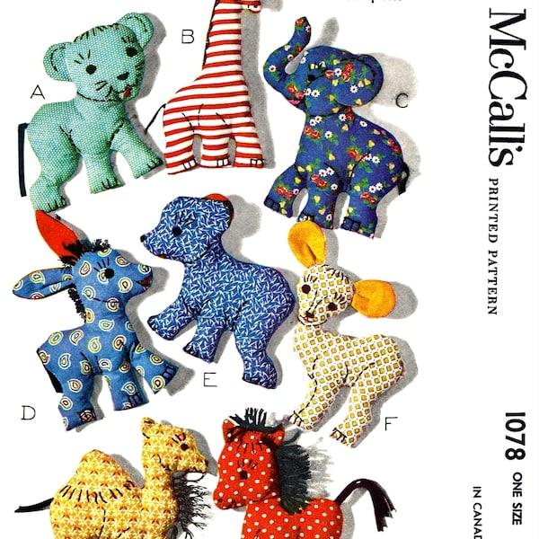 Letter~ McCall's # 1078  Pattern 8 Stuffed Animals BABY Craft Toy Giraffe Donkey Camel Faun