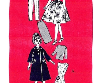 May include: A vintage paper doll pattern for a teen fashion model doll. The pattern includes a dress, coat, skirt, pants, and blouse. The pattern is printed on pink paper and includes the text "Wardrobe for Teen Fashion Model Doll, Size 11 1/2", "Printed Pattern", "4784 - SIZE", and "172".