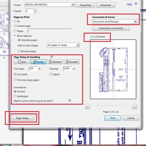 May include: A computer screen displaying a print dialogue box with options for page sizing and handling. The dialogue box includes options for tile scale, cut marks, orientation, and page setup. The screen also shows a preview of the document being printed, which is a blueprint with measurements in inches.