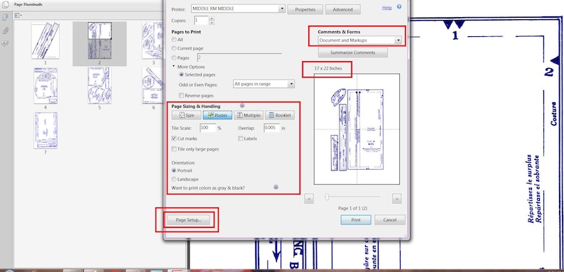 May include: A computer screen displaying a print dialogue box with options for page sizing and handling. The dialogue box includes options for tile scale, cut marks, orientation, and page setup. The screen also shows a preview of the document being printed, which is a blueprint with measurements in inches.