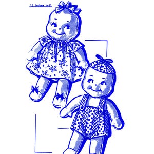 May include: Blue and white illustration of two Pixie Dolls. The dolls are 12 inches tall. One doll wears a floral dress and bow, the other wears overalls and a cap. The text "2578T" and "Pixie Dolls" are at the top.