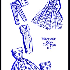 以下が含まれることがあります： 11 1/2インチのティーンエイジャー用人形の服の青と白の裁縫パターン。パターンには、格子柄のドレス、花柄のドレス、ノースリーブドレス、ブラウス、パンツが含まれています。
