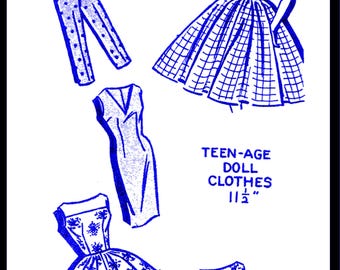 May include: A blue and white sewing pattern for teen-age doll clothes, size 11 1/2 inches. The pattern includes a dress with a plaid pattern, a dress with a floral pattern, a sleeveless dress, a blouse, and pants.