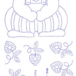 May include: A black and white line drawing of a cat wearing overalls. The cat is sitting with its paws crossed. The image includes instructions for transferring the design to fabric. The image also includes a sample of a heart-shaped design with leaves.