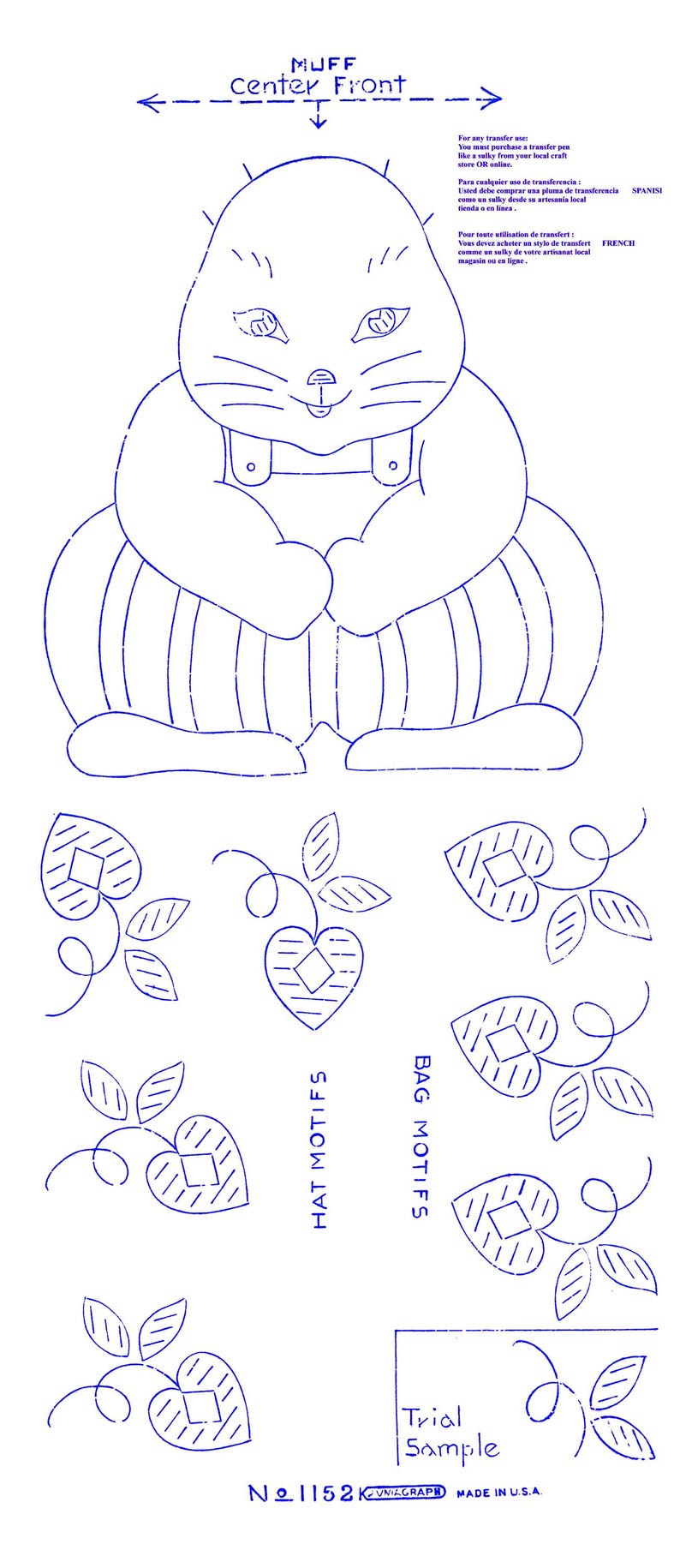 May include: A black and white line drawing of a cat wearing overalls. The cat is sitting with its paws crossed. The image includes instructions for transferring the design to fabric. The image also includes a sample of a heart-shaped design with leaves.