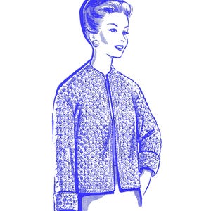 May include: A blue line drawing of a woman wearing a crocheted jacket with a collar and long sleeves. The jacket has a textured pattern. The number 5230 is printed at the top of the image.