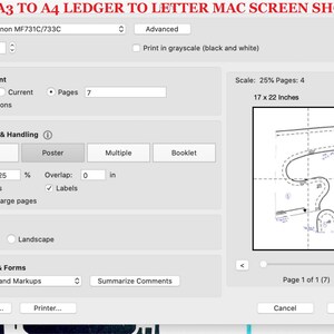 May include: A screenshot of a Mac computer screen displaying a print dialogue box with options for printing a document. The document is a technical drawing of a winding road with measurements in inches. The print dialogue box includes options for printer selection, paper size, scaling, and orientation. The dialogue box also includes options for adding comments and markups to the document.