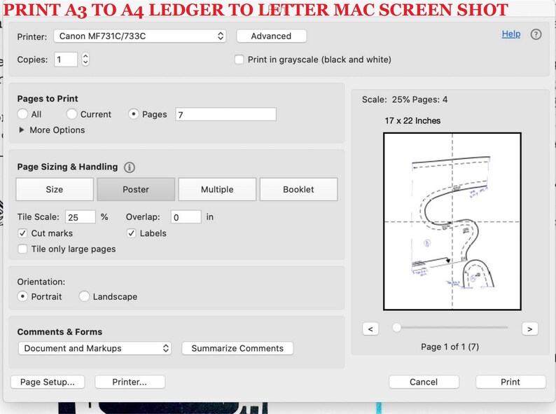 May include: A screenshot of a Mac computer screen displaying a print dialogue box with options for printing a document. The document is a technical drawing of a winding road with measurements in inches. The print dialogue box includes options for printer selection, paper size, scaling, and orientation. The dialogue box also includes options for adding comments and markups to the document.
