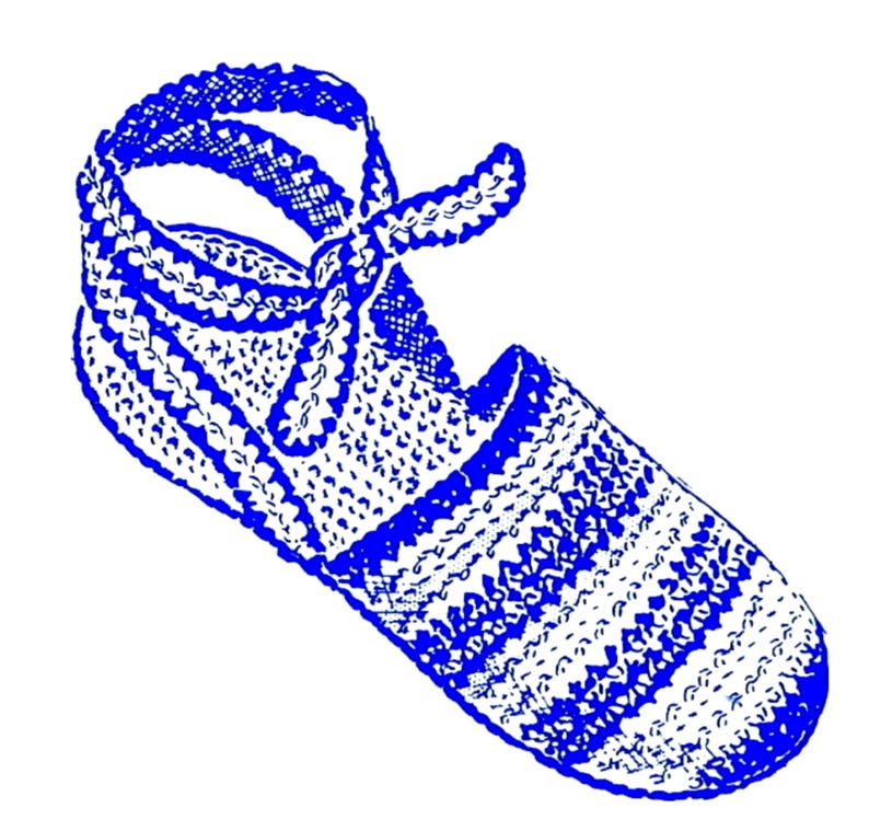 May include: A blue and white crochet slipper with a strap that ties at the ankle. The slipper has a rounded toe and a textured pattern throughout. The design is a simple, yet elegant, handmade item.