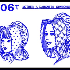 Puede incluir: Un patrón de costura vintage para sombreros de sol para madre e hija. El número del patrón es 2206T. La ilustración muestra a dos mujeres usando sombreros de sol azules y blancos.