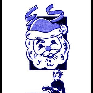 May include: Blue and white illustration of a Santa Claus face with the text "Design 7100" above it. A woman is holding a tray with two cups and a Santa Claus face apron.