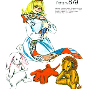 Patrón KS 879 de peluche de serpiente, perro, conejo y león (PDF, 11 x 17 pulgadas)