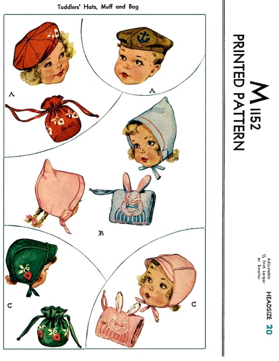 M 1152 Pattern BABY Toddler Hat Muff & Bag 20" Head PDF