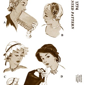 May include: A vintage sewing pattern for making hats and bags. The pattern is for Misses' sizes and includes four different styles. The pattern is printed on paper and includes instructions and diagrams. The pattern number is M1774.