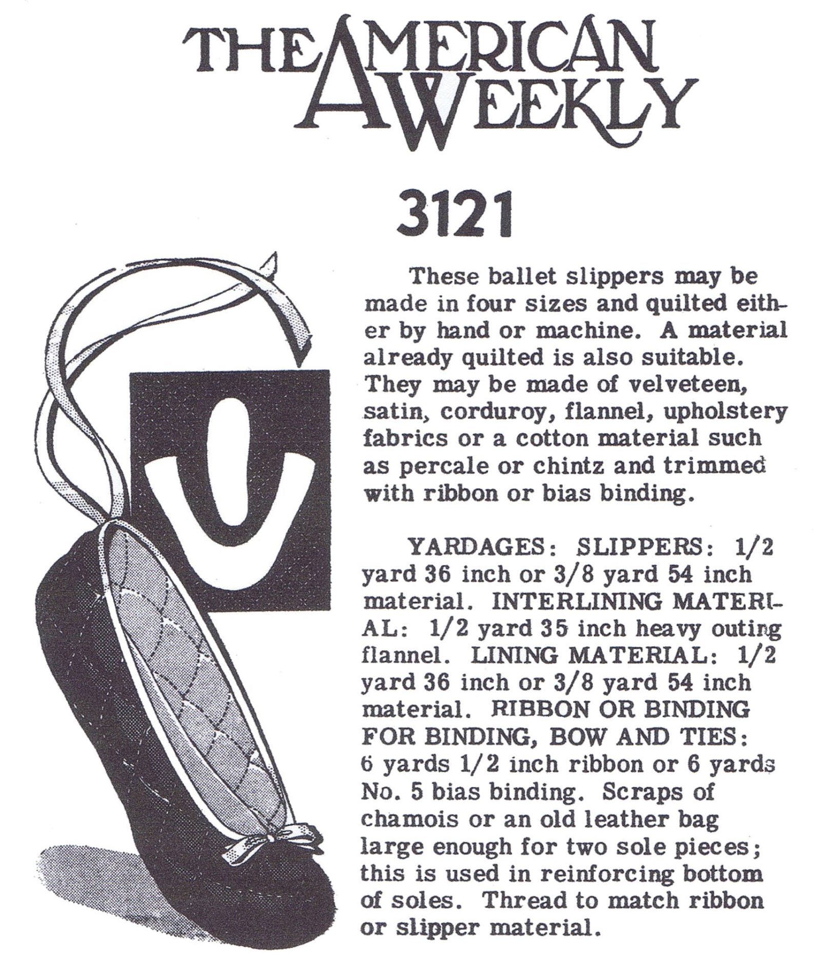 pdf digital delivery only!! ballet slippers fabric material sewing pattern 3121 american weekly mail order vintage 1940's s-