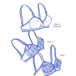 Könnte beinhalten: Blau-Strichzeichnung von drei BH-Designs auf weißem Papier. Der Text "Bra - Size 34 C & D Cup" ist sichtbar. Die Designs umfassen Ansicht 1, Ansicht 2 und Ansicht 2 (Gepolstert). Das Bild ist ein Schnittmuster für BHs.