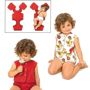 Può includere: Un cartamodello etichettato B 3063 The Fashion One Toddlers' con Toddler 1 Breast 20. Il modello presenta un set composto da top senza maniche e mutandine a sbuffo in rosso tinta unita e tessuto bianco con stampa di anatre gialle, indossato.