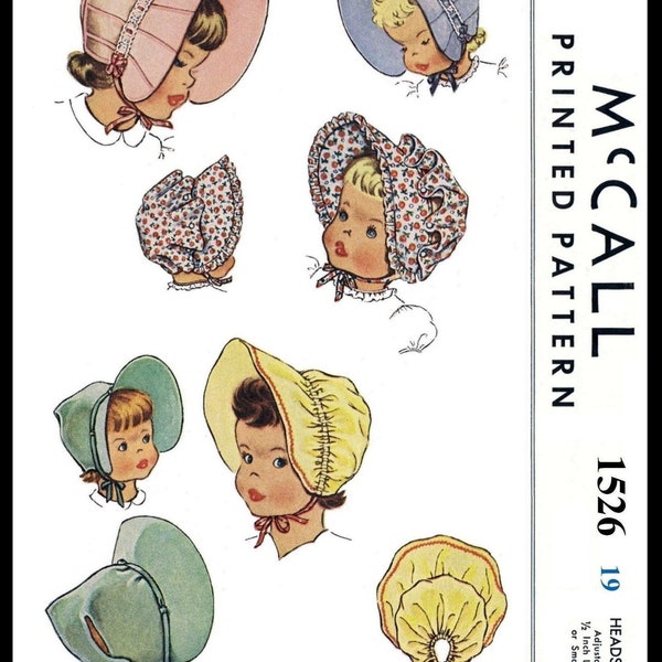 Head 19" McCall # 1526 BABY BONNET Hat Child 4 Style Sunbonnet Pattern Pdf Ledger