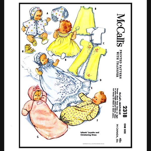 McCall's # 2318 PDF  Ledger  Infant NewBorn LAYETTE 50's   Pattern BaBY  Pdf  Christening Gown Cap