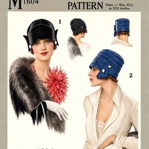 May include: A sewing pattern envelope labeled M 1604 HAT PATTERN for hats in sizes 22 1/2 to 23 1/2 inches. The illustration displays two cloche-style hat designs: one black with white button accents and one blue with pleated details and white buttons.
