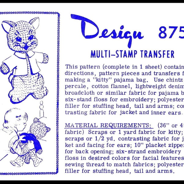 Pajama Bag KITTEN Cat Kitty Toy   Pattern or Stuffed Animal 1950's Mail Order # 875 Pdf COPY ~ Gata ~16"~