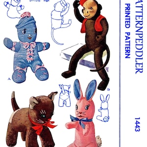 May include: Vintage stuffed sock toy pattern featuring a blue doll, a brown monkey, a brown cat, and a pink bunny. The pattern includes measurements: A-11" high, B-8" high, C-10.5" high, and D-15.5" high. The text "APATTERNPEDDLER PRINTED PATTERN 1443" is also visible.