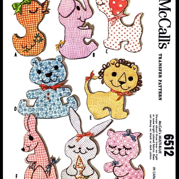 Letter~ McCall's # 6512 Pattern 8 Stuffed Animals BABY Craft Toy Bunny Chicks Kangaroo Dog Elephant Kitten Bear Lion 6.5-10-5" tall