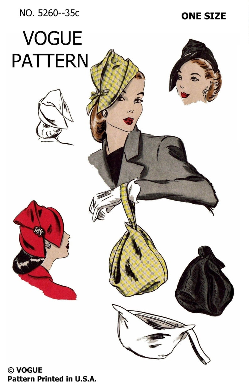 1940s Style Hats | Fascinator, Turban, Fedora PDF Digital Download Delivery Only! #5260 VOGUE Vintage Fabulous Hat & Bag Set Fabric Material Sewing Pattern 1940s Millinery Copy 1 Size  AT vintagedancer.com