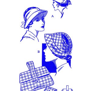 Puede incluir: Un patrón de costura vintage para un sombrero y un bolso. El patrón está numerado 2947 e incluye tres estilos diferentes: un sombrero de ala ancha, un sombrero de ala más pequeña y un bolso con solapa.