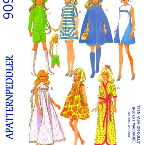 May include: Illustration of a vintage doll fashion pattern. The pattern features several outfits, including a green shorts set, a striped dress, a blue cape, and a white and blue dress. The text "TEEN FASHION DOLLS' INSTANT WARDROBE" is visible.