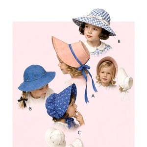 May include: A children's hat pattern with various hat styles, including a blue gingham sun hat, a pink sun bonnet with blue ribbons, a blue bonnet with white floral print, and a white bonnet. The text "CHILDREN'S PATTERN" and "HAT SET" are visible.
