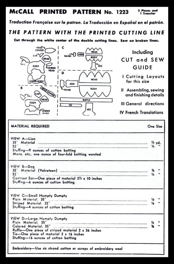 Pdf Digital Delivery Mccall 1223 Stuffed Animal Fabric Sewing Etsy etsy
