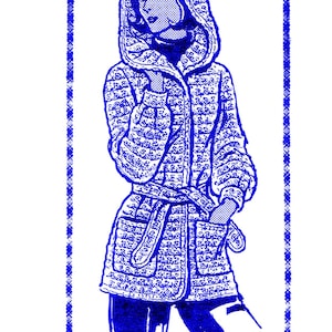 May include: A blue and white crocheted hooded jacket with a belt. Design 953. Crocheted Hooded Jacket.