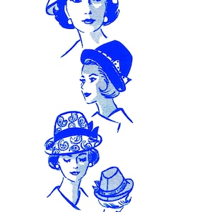 May include: Blue and white illustration of women wearing hats. The image includes the text "Printed Pattern" and "9183 - SIZE". The hats have various designs, including bows and patterned fabric.