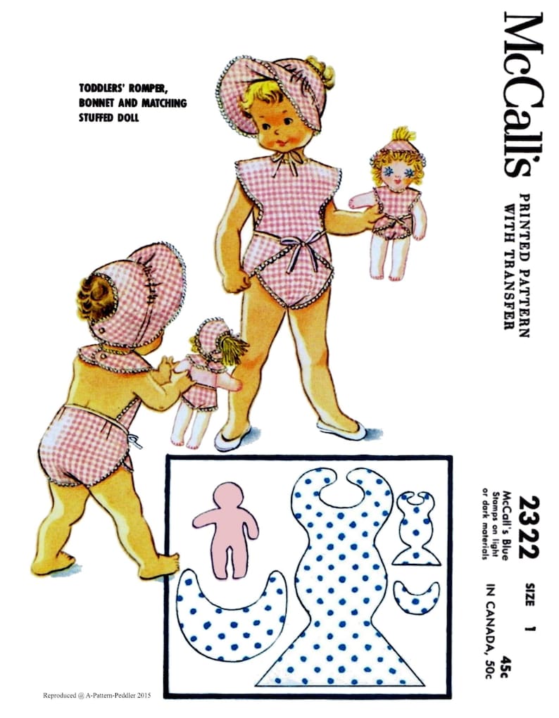 McCall/'s #2322 Child Summer Romper Bonnet Doll Playsuit Sunsuit Fabric Sewing Pattern Copy Girl Size 1~ A3 Ledger PDF Digital Delivery ONLY