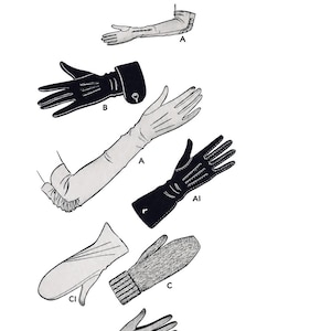 May include: A sewing pattern sheet labeled B 1232 size 6 featuring illustrations of various glove styles including long opera gloves, short gloves with cuffs, and mittens. The black and white line drawings show different stitching details and cuff designs.