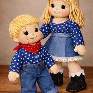 以下が含まれることがあります： 手作りの2つのぼろきれ人形、男の子と女の子が並んで立っています。男の子の人形は、白い水玉模様の青いシャツ、デニムのジーンズ、赤いバンダナ、茶色のブーツを着ています。女の子の人形は、青い水玉模様のドレスと黒いブーツを着ています。