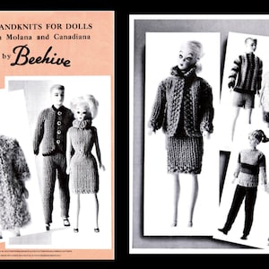 Puede incluir: Un folleto de patrones de tejido de punto vintage para muñecas, titulado "Handknits for Dolls in Molana and Canadiana by Beehive". La portada presenta un logotipo de colmena y una foto de tres muñecas con atuendos tejidos.