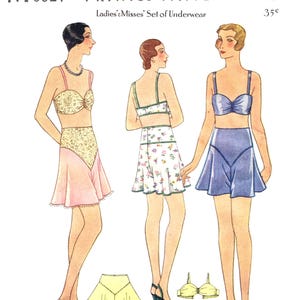 Może przedstawiać: Wzór drukowany w stylu vintage M6021 dla zestawu bielizny damskiej i dziewczęcej. Ilustracja przedstawia trzy postacie w różnych stylach bielizny, w tym zestaw biustonosz i spódnica, zestaw biustonosz i szorty z wysokim stanem oraz zestaw biustonosz i spódnica. Rozmiar 16.