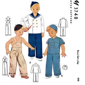 May include: A vintage sewing pattern envelope labeled M 3748 for a Boy's Suit & Hat, size 3. The illustration features three children wearing different outfits: striped overalls, a white sailor-style jacket with blue pants, and a blue short-sleeved suit.