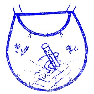 May include: A blue and white bib with a cartoon stick figure holding a pencil. The bib has a scalloped edge and two small flowers on the front.