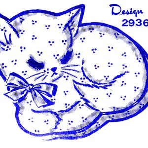 May include: A blue and white illustration of a sleeping cat with a bow. The cat is curled up, with its eyes closed and whiskers visible. The design includes the text "Design 2936". The cat's fur is patterned with small dots.