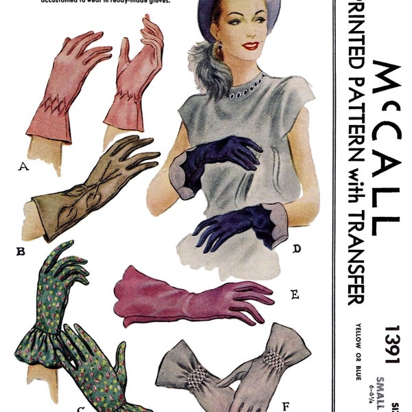 McCall # 1391 Gloves Pattern 1940s Accessory Small-Medium-Large  Pdf Ledger