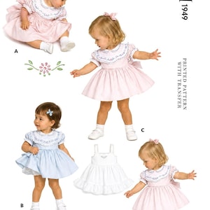 May include: A pattern for a toddler's dress and slip. The image shows three little girls wearing dresses in pink and blue, with white socks and shoes. The dresses have embroidered collars and bows. The text "Toddlers' Dress and Slip" and "Size 1" are visible.