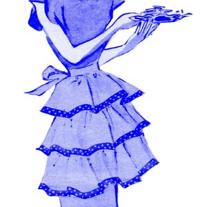 Może przedstawiać: Niebieska ilustracja kobiety w niebieskiej sukience z białym kołnierzykiem i niebieskim fartuchu w białe kropki. Fartuch ma trzy warstwy i jest zawiązany w talii kokardą. Kobieta trzyma talerz z jedzeniem w prawej ręce. W prawym górnym rogu obrazu widnieje numer 3206.