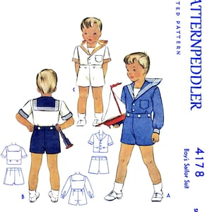 May include: Vintage sewing pattern for a boy's sailor suit, featuring illustrations of the outfit in white and navy blue. The pattern includes multiple views and the text "Boy's Sailor Suit" and "Size 3".